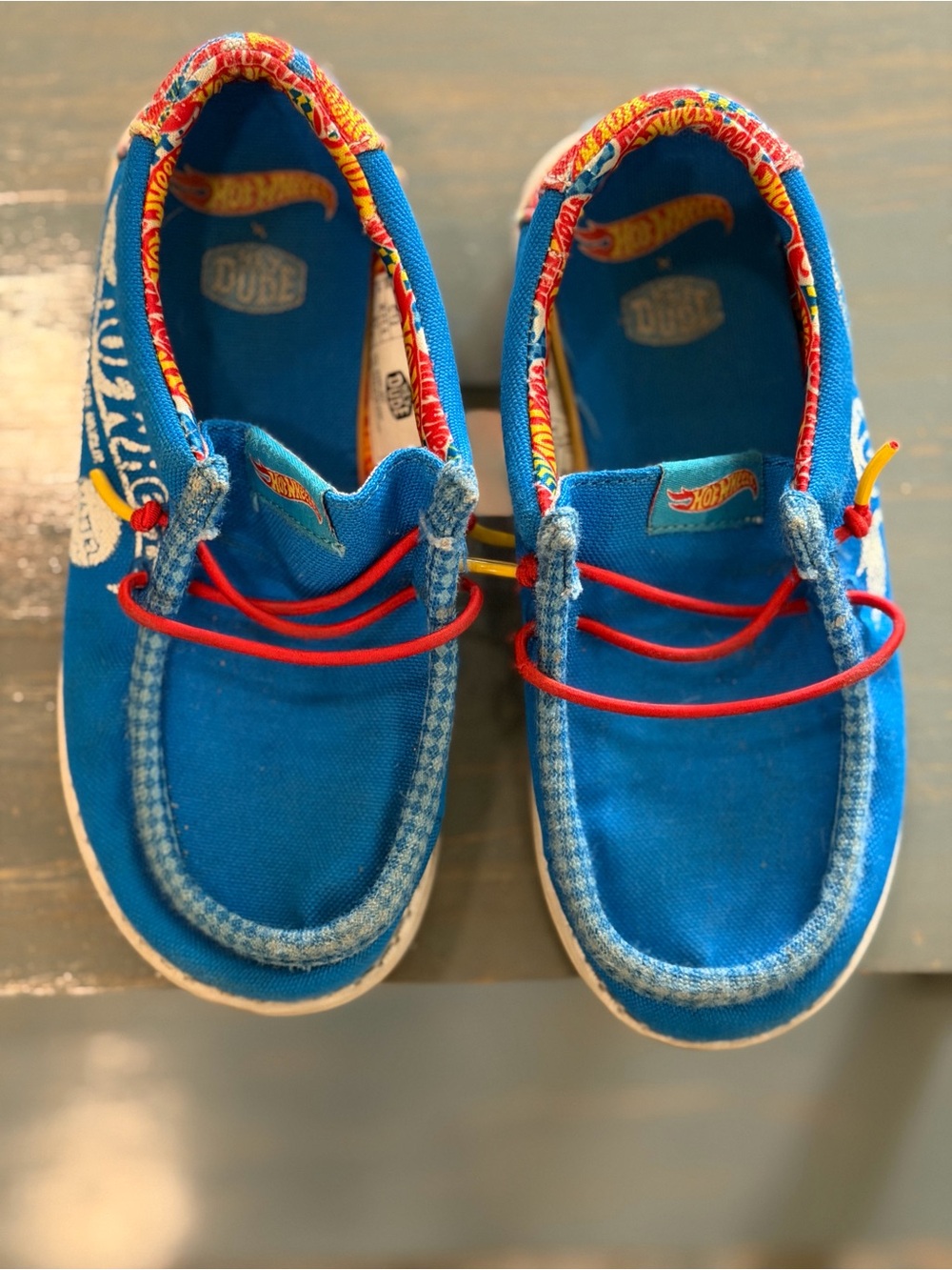Kids Hot Wheels Hey Dude’s Canvas Slip-On Shoes Blue with Red Laces